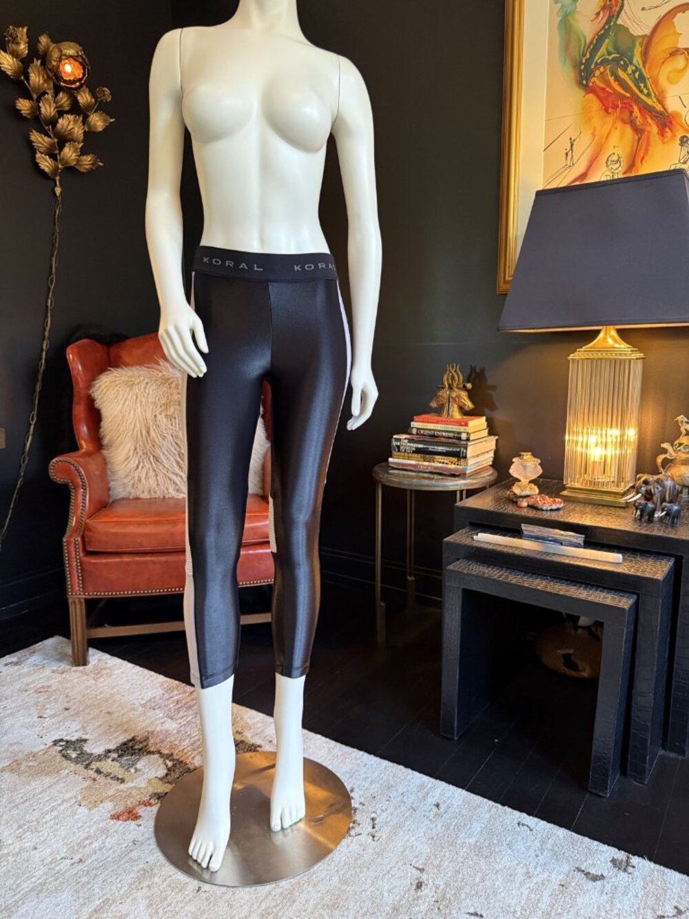 NWOT KORAL Black Liquid Leggings White Side Panel Calf Mesh Size S